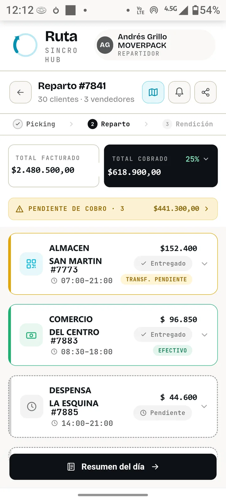 Pantalla del celular del repartidor: reparto #7841, total facturado y cobrado, y el listado de comercios con su estado de entrega.